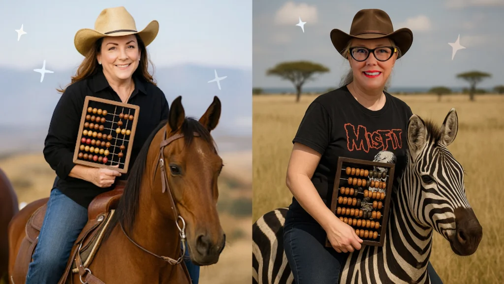 Fundraising and philanthropy expert, Sterrin Bird of Wingspan Philanthropy and Keira Dooley of Dooley Design Group riding a horse and a zebra alongside one another as collaborative partners while holding abacuses. 