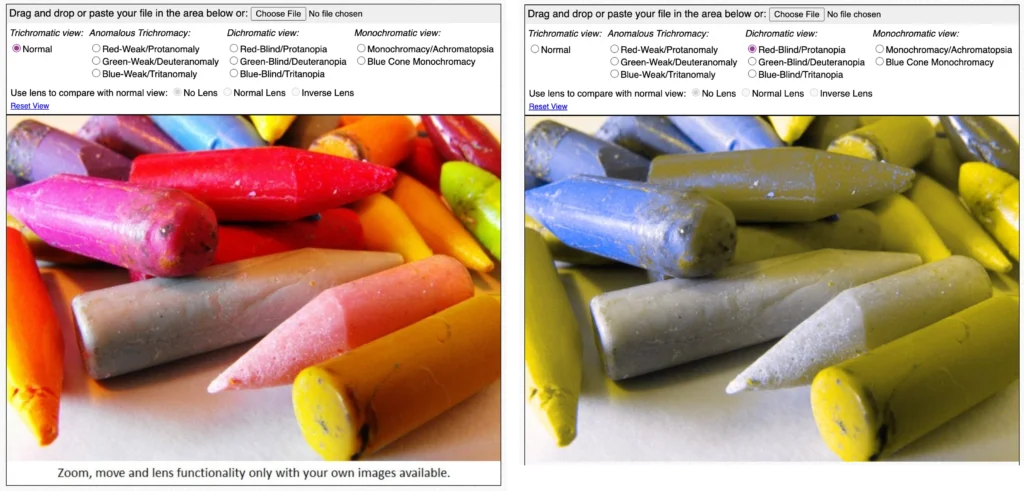 Coblis Color Blindness-Simulator showing a photo of crayons with Normal vision on the left, and on the right is a simulated image to display how a person with Red-Blind/Protanopia will see the colors.