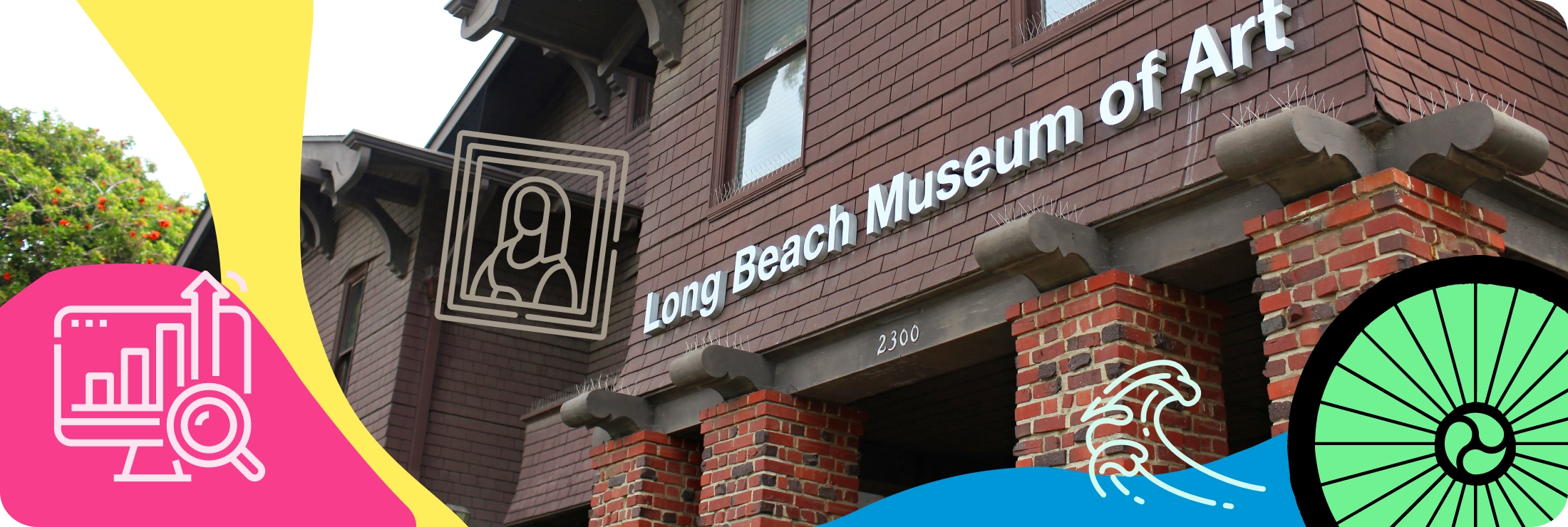 Long Beach Museum of Art with Dooley Design Group logo and fun icons for SEO, art and ocean waves