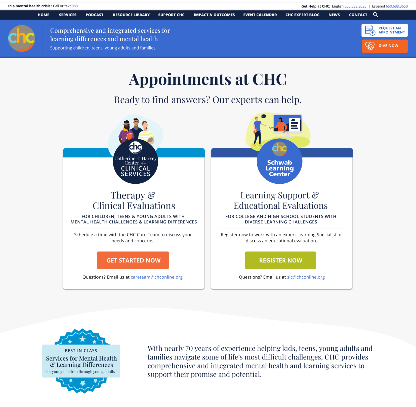 Screenshot of the CHC Appointments page