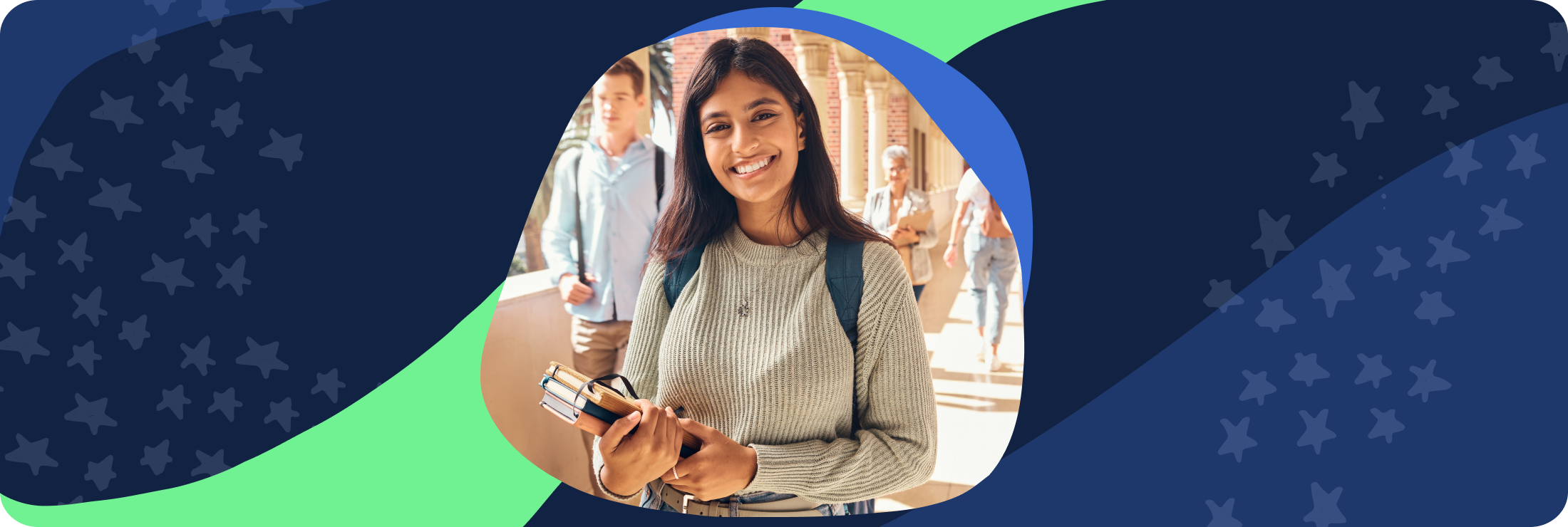 Banner featuring photo of a female student holding books in a busy walkway