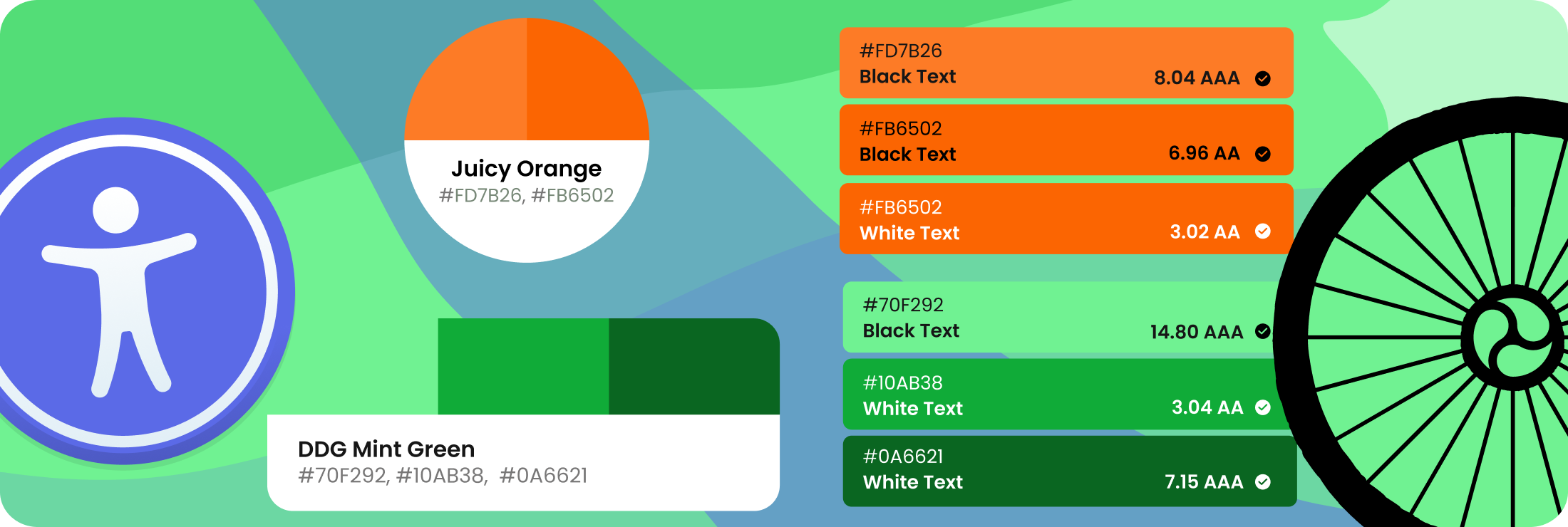 Dooley Design Group's Accessible color palette showing Juicy Orange shades and Mint Green shades with hex values