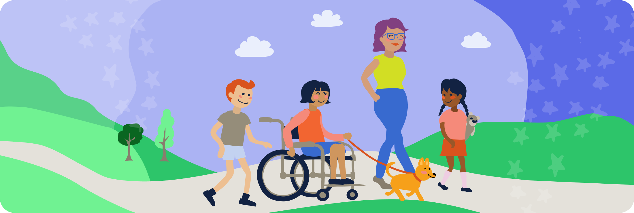 A female mentor guiding a group of children on a path. The children are diverse and one is in a wheelchair. The grass is green and sky is bright blue.