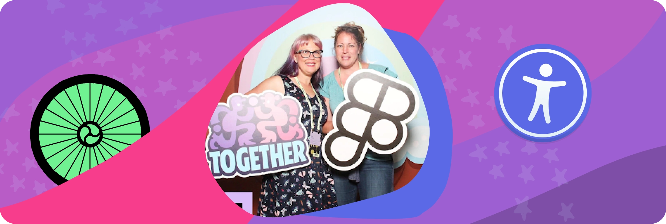 Two women smiling at the Figma Config 2024 design conference. They are standing in front of a colorful backdrop with a rainbow and holding playful Figma-themed props, including one that says 'TOGETHER.' Thea Eaton is on the right wearing a teal shirt, and Keira Dooley is on the left with glasses and a floral dress.