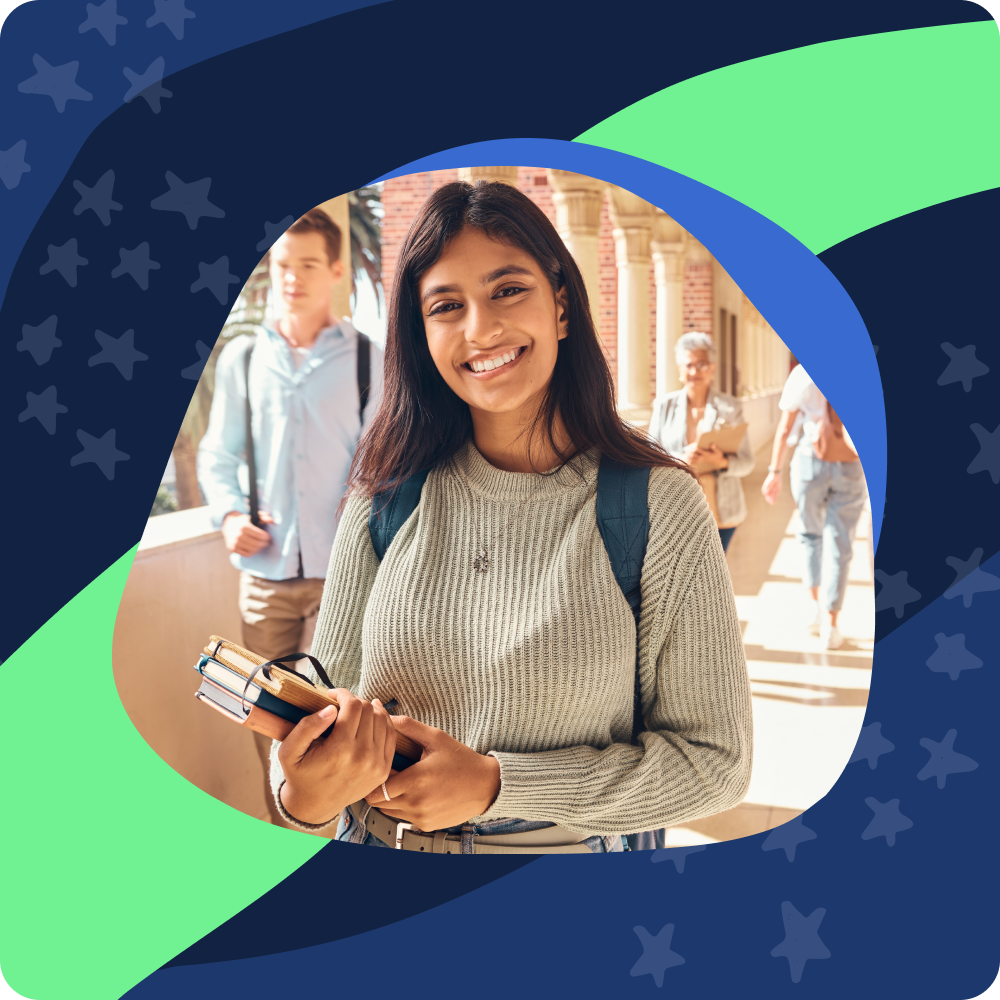 Banner featuring photo of a female student holding books in a busy walkway