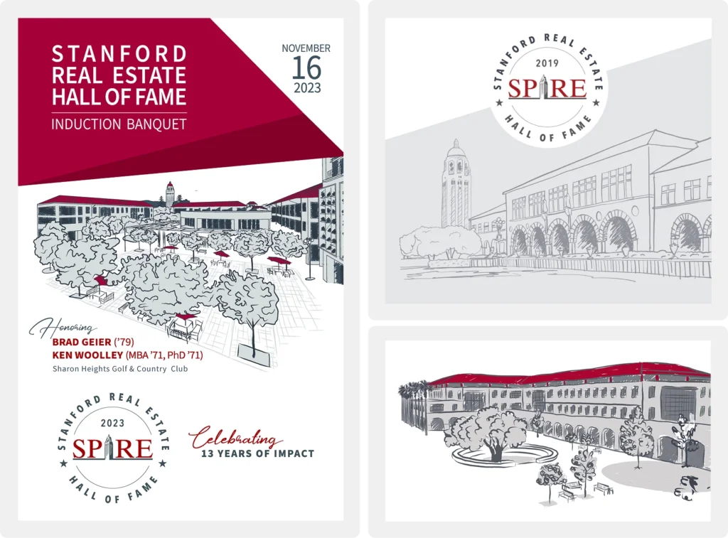 From top left: Event program design for the nonprofit fundraising event, Stanford Real Estate Hall of Fame 2023, 2019 and 2021. Each year featured a unique illustration within a custom templated program to retain consistency across the years.
