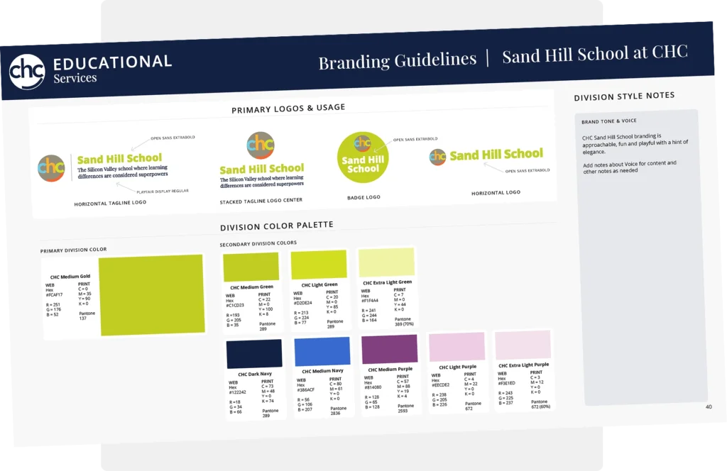 Branding guidelines and design system for Sand Hill School