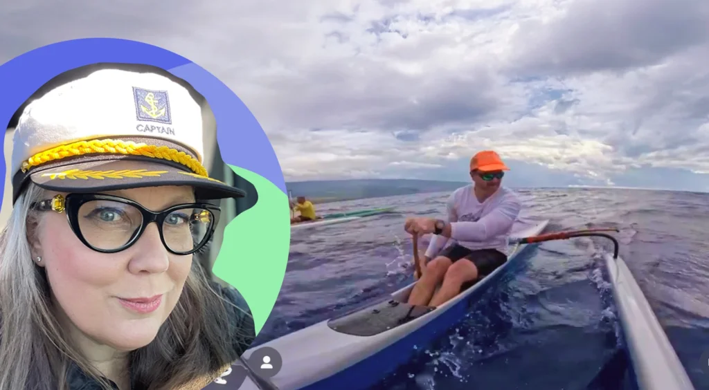 Keira Dooley, CEO, UX Designer, Captain of Innovation at Dooley Design Group alongside her Lead Developer, Commander of the Code, Chris Runnells. Chris is paddling an outrigger canoe in the Pacific Ocean in Hawaii