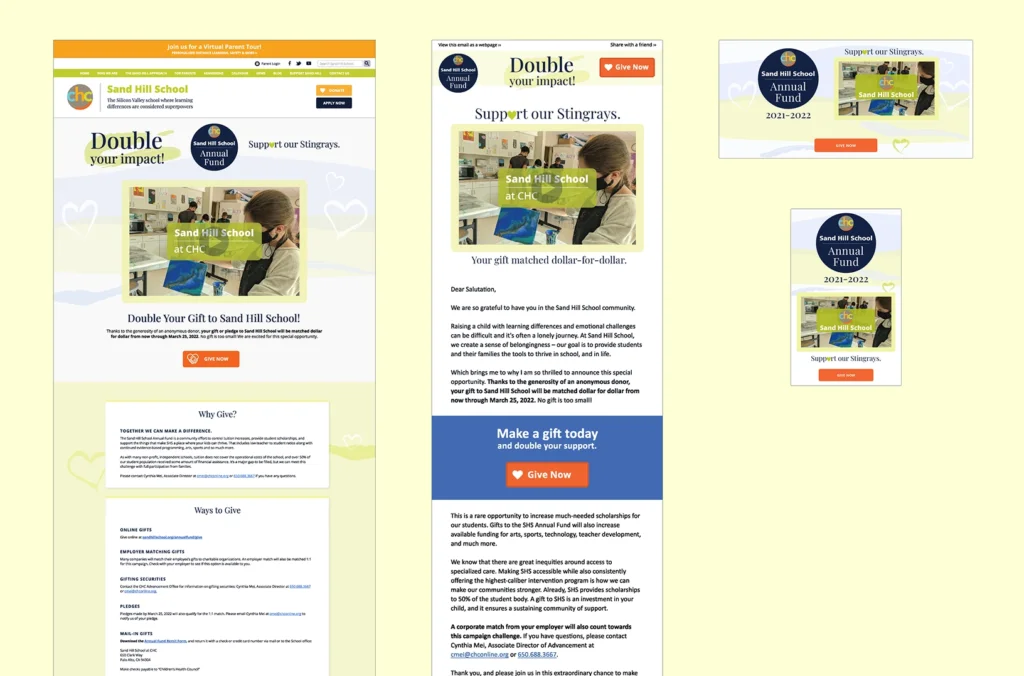 Email marketing and social media graphics for Sand Hill School fundraising campaigns
