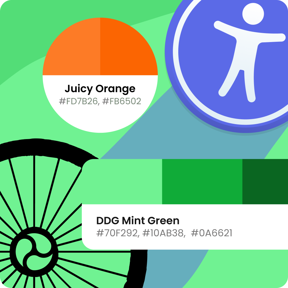 Dooley Design Group's Accessible color palette showing Juicy Orange shades and Mint Green shades with hex values