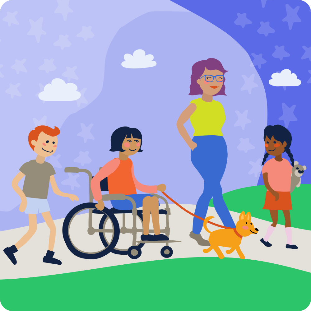 A female mentor guiding a group of children on a path. The children are diverse and one is in a wheelchair. The grass is green and sky is bright blue.