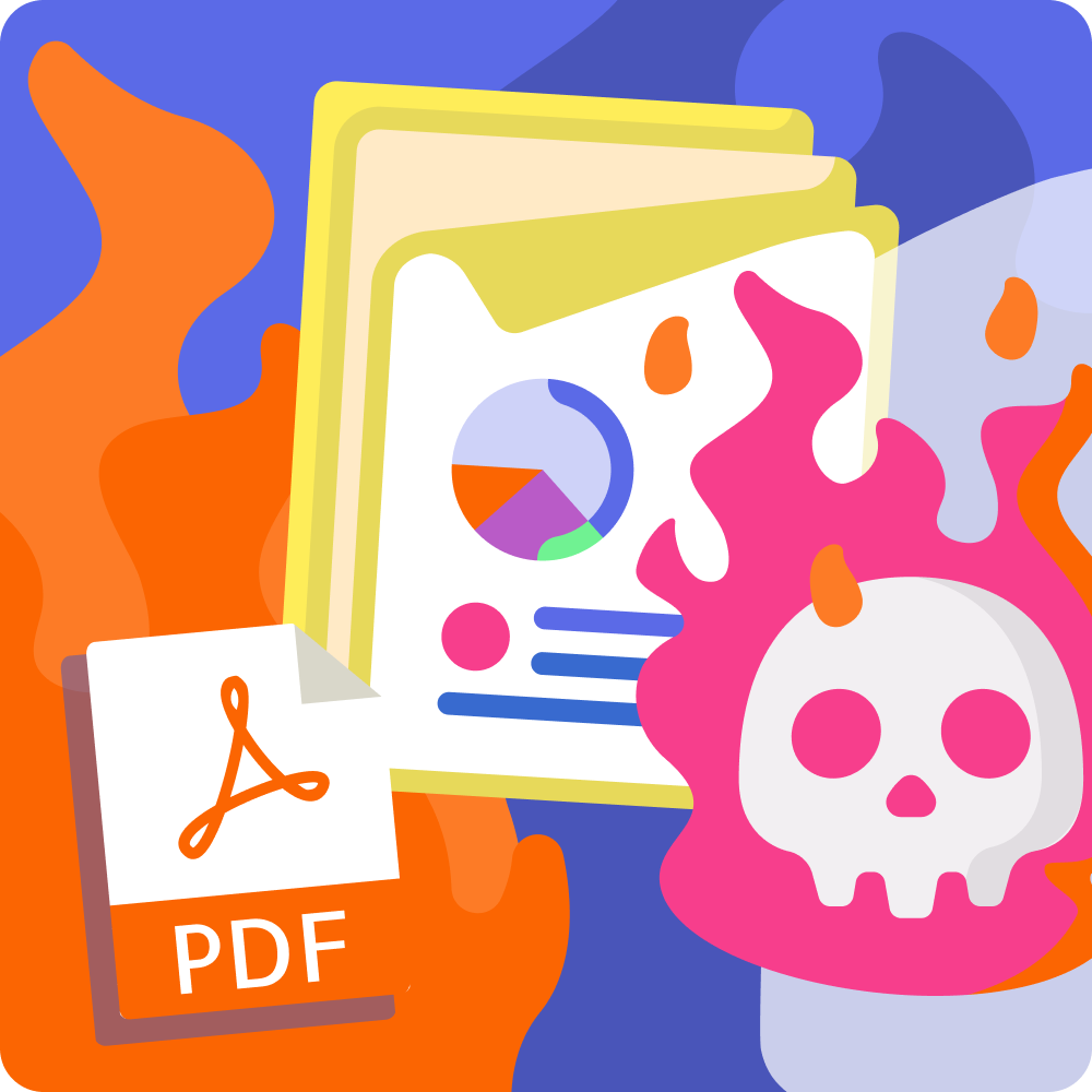 Image of an annual report PDF in flames with a skull