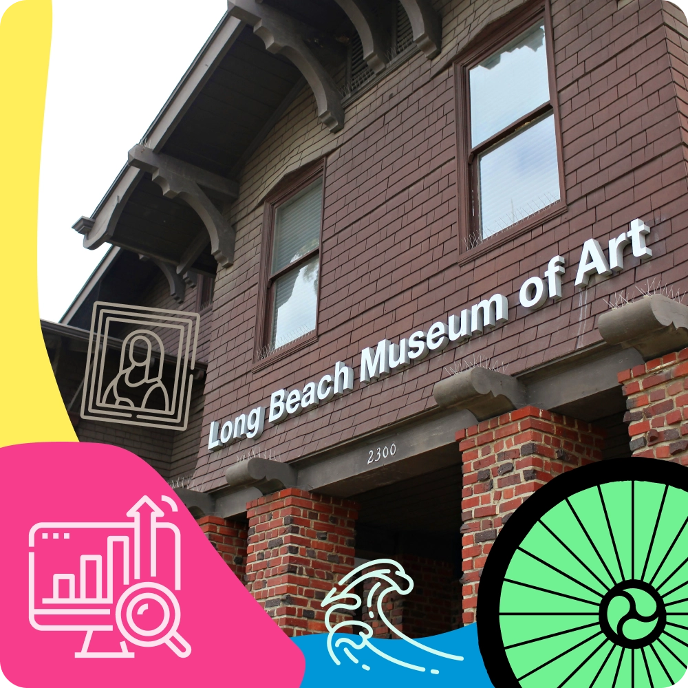 Long Beach Museum of Art with Dooley Design Group logo and fun icons for SEO, art and ocean waves