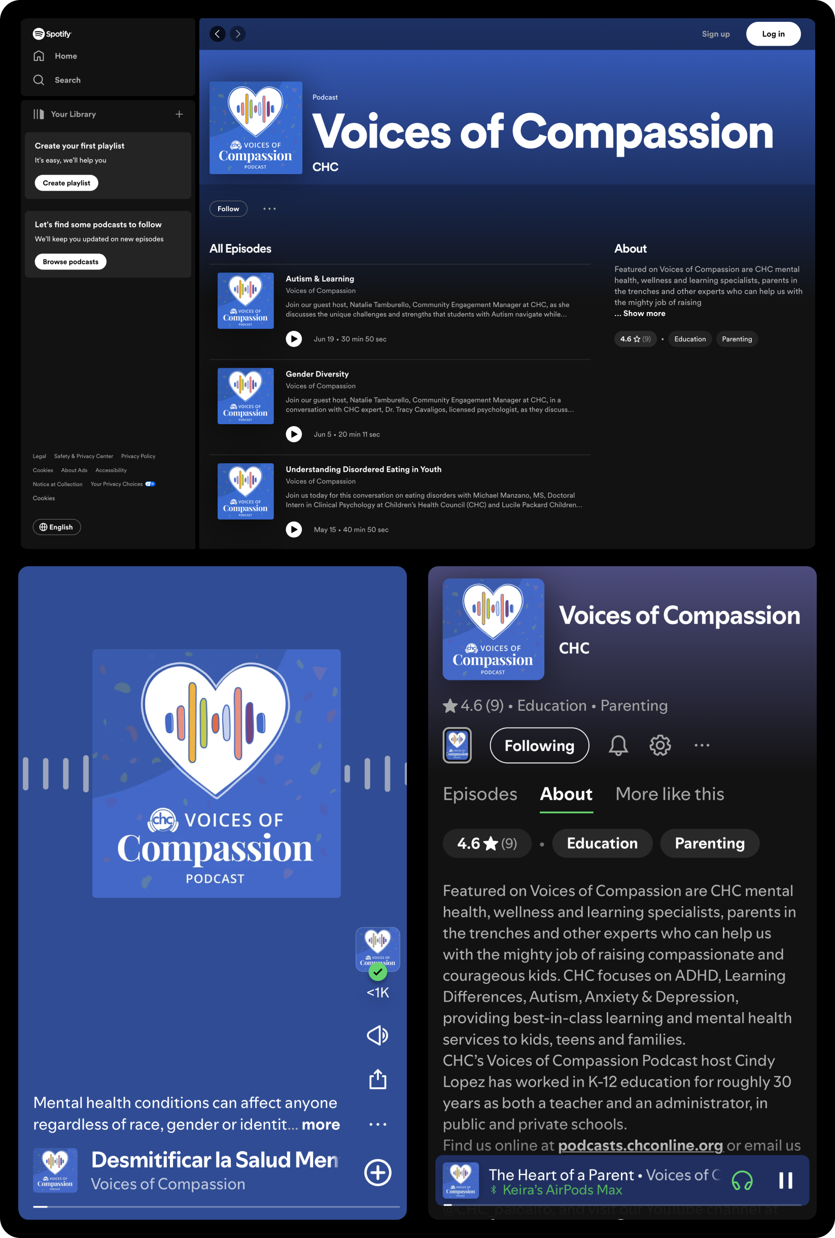 Views of CHC Voices of Compassion Podcast streaming in the Spotify app on both desktop and mobile devices.