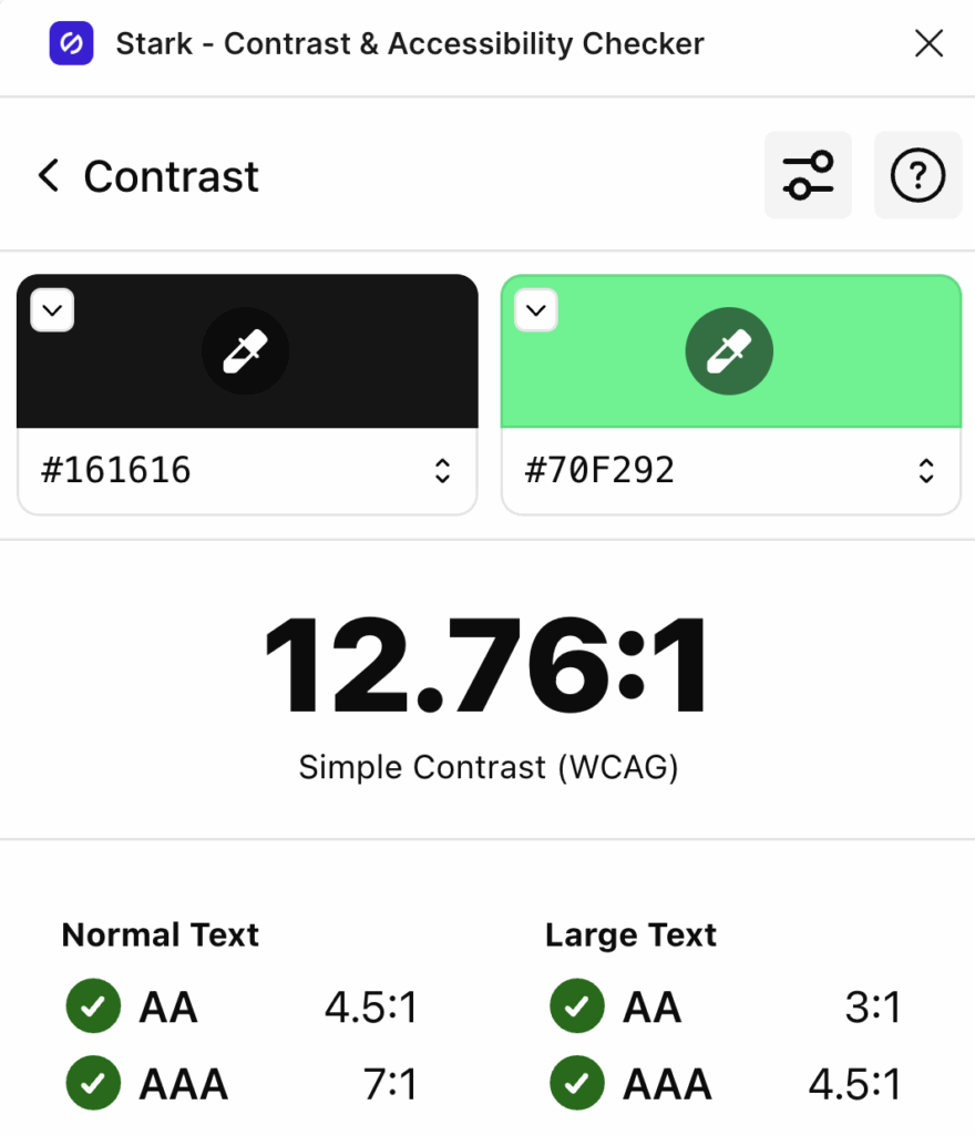 Screenshot of Stark’s Contrast & Accessibility Checker in Figma, showing a color contrast ratio of 12.76:1 between black (#161616) and mint green (#70F292), passing WCAG AA and AAA for both normal and large text.